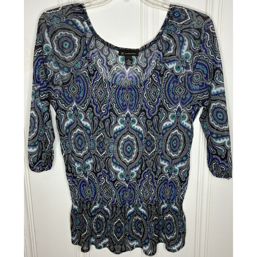 Women’s Wide Scoop Neck Top Gathered Waist Size L Boho Retro Sheer Blue Gray